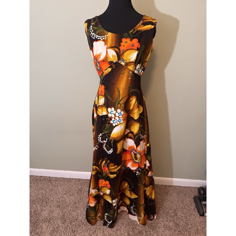 Vintage 60's Royal Hawaiian Barkcloth Maxi Dress Brown Orange Floral Size VTG 8